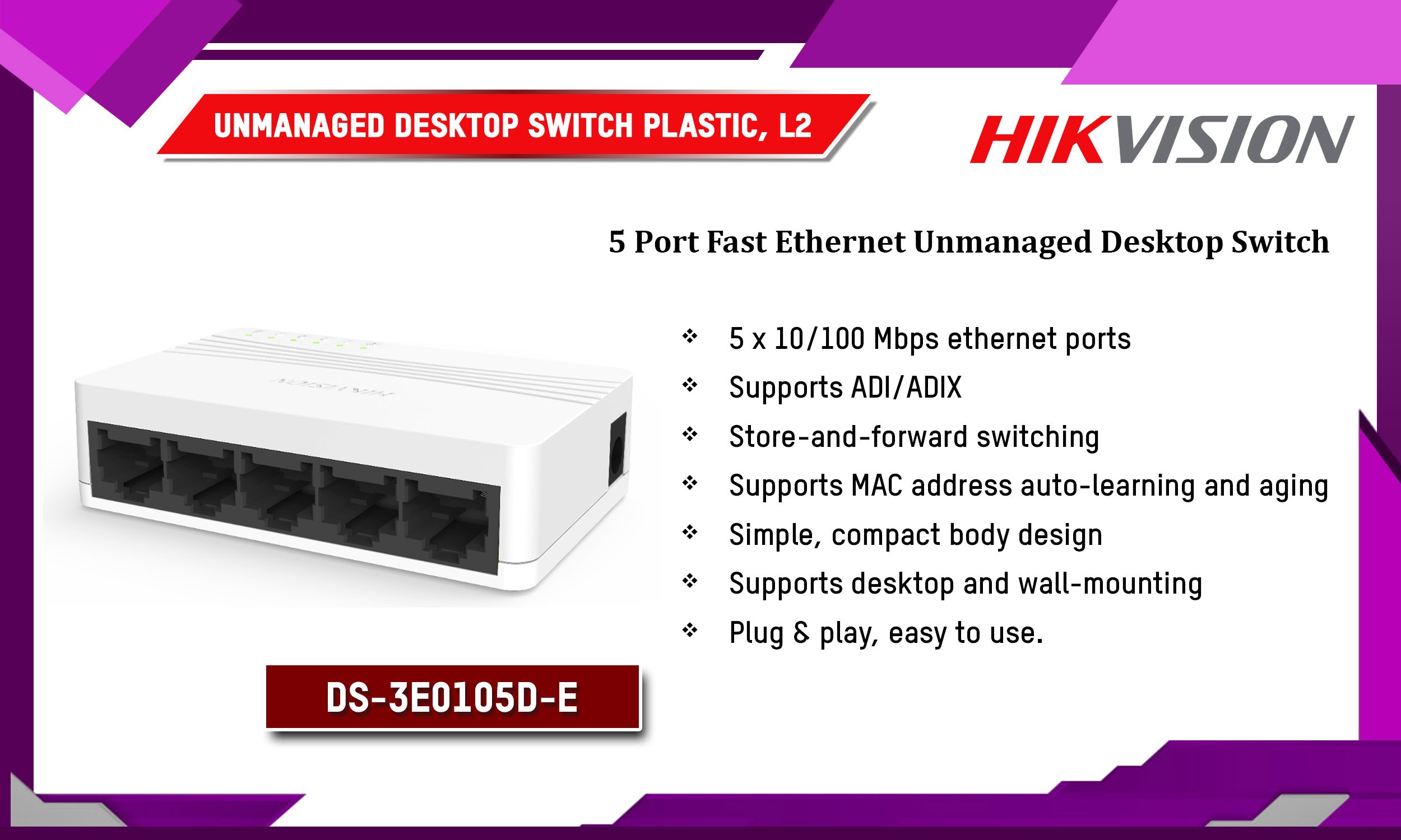 DS-3E0105D-E Unmanaged Desktop Switch Plastic, L2 Hikvision Camera.lk Colombo Sri Lanka