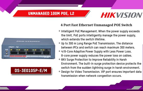 DS-3E0105P-E/M UnManaged 100M POE, L2 Hikvision Camera.lk Colombo Sri Lanka