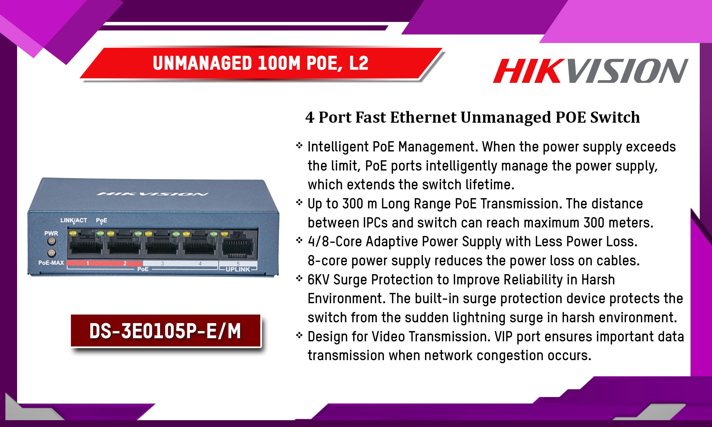 DS-3E0105P-E/M UnManaged 100M POE, L2 Hikvision Camera.lk Colombo Sri Lanka