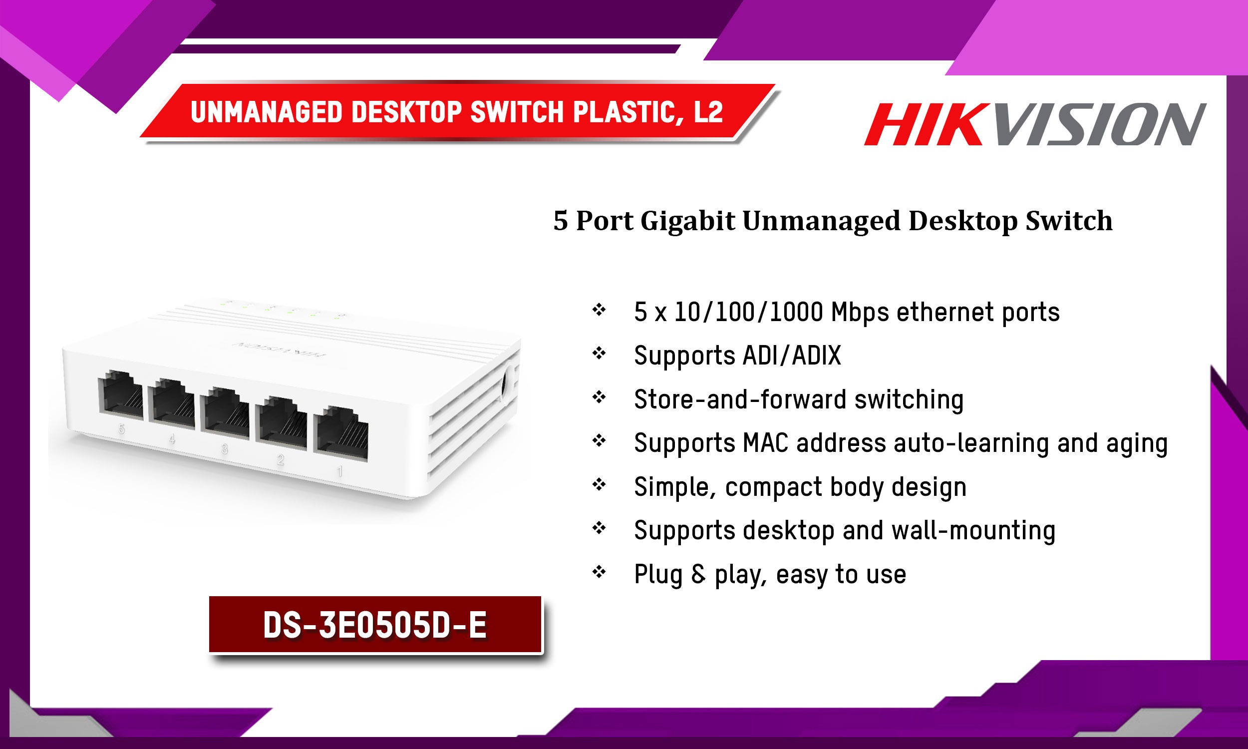 DS-3E0505D-E Unmanaged Desktop Switch Plastic, L2 Hikvision Camera.lk Colombo Sri Lanka