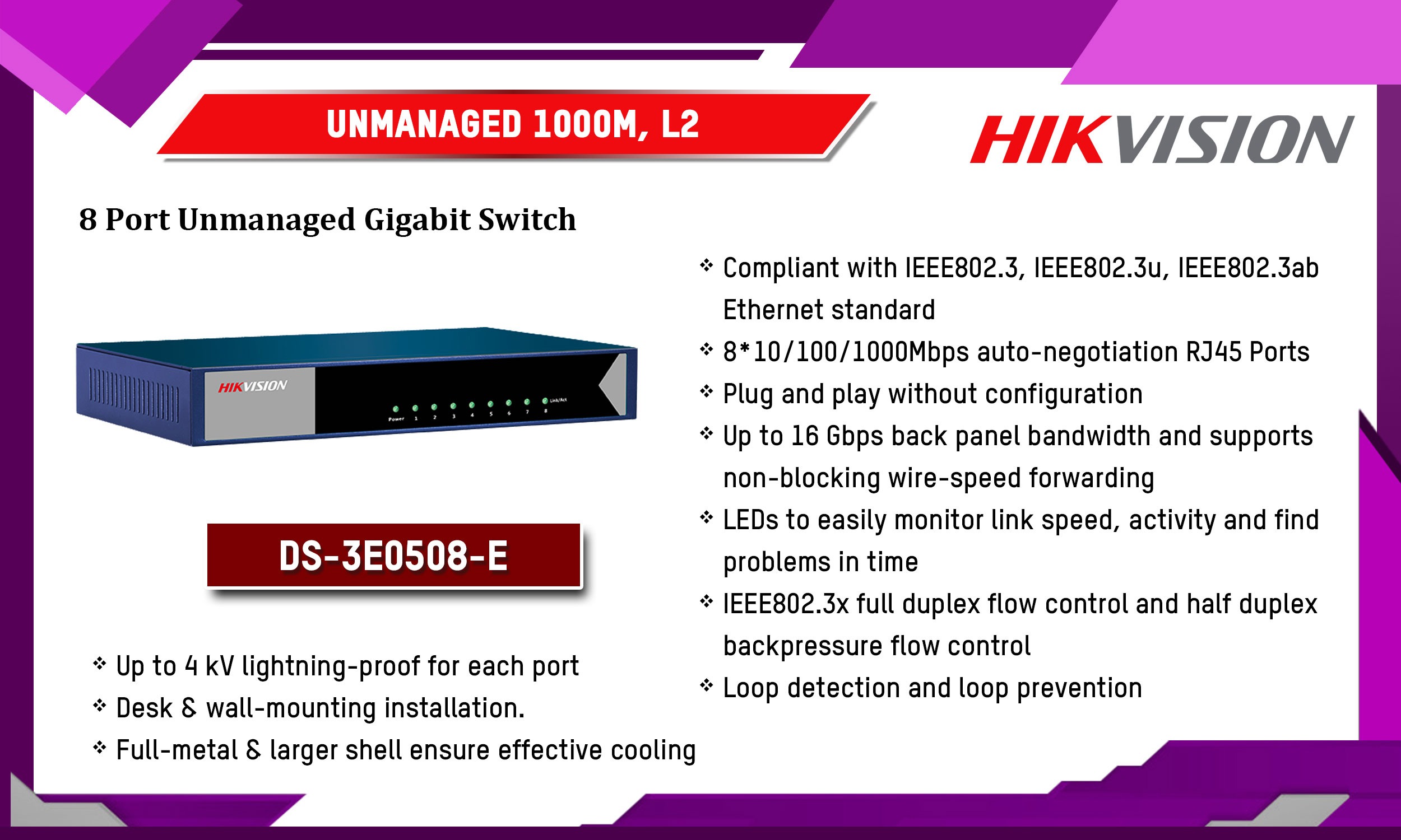 DS-3E0508-E Unmanaged 1000M, L2 Hikvision Camera.lk Colombo Sri Lanka