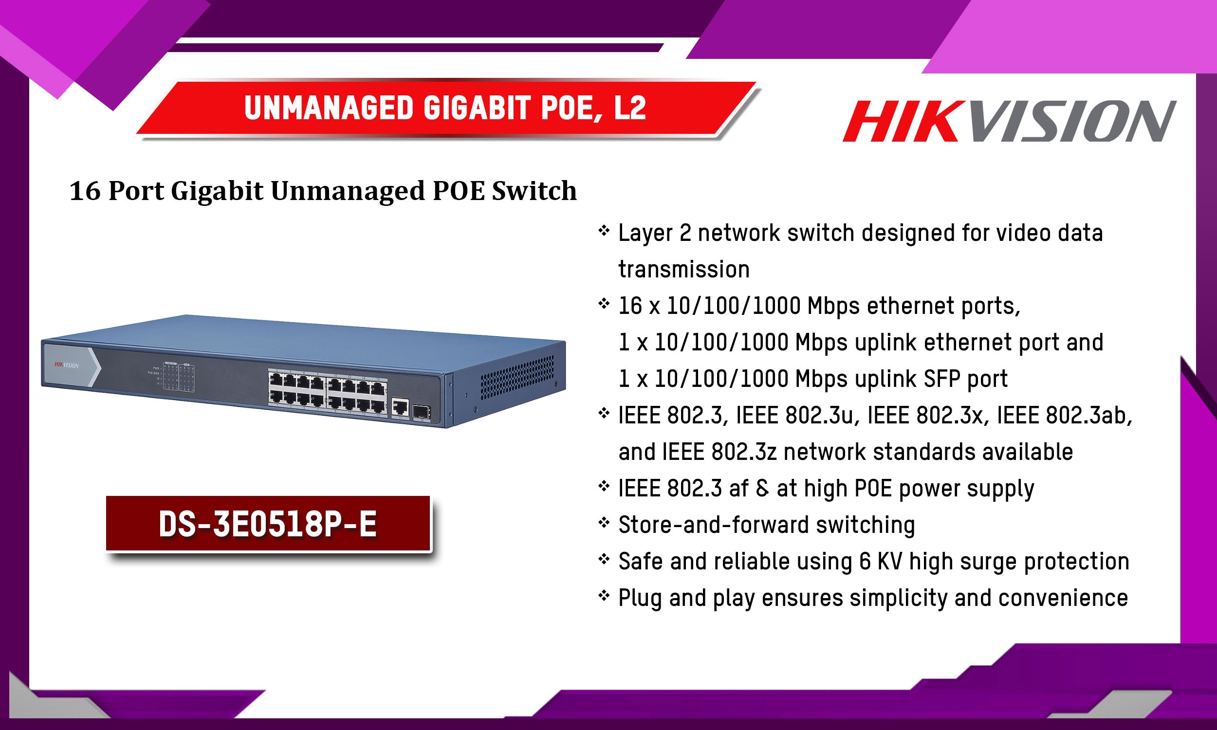 DS-3E0518P-E Unmanaged Gigabit POE, L2 Hikvision Camera.lk Colombo Sri Lanka