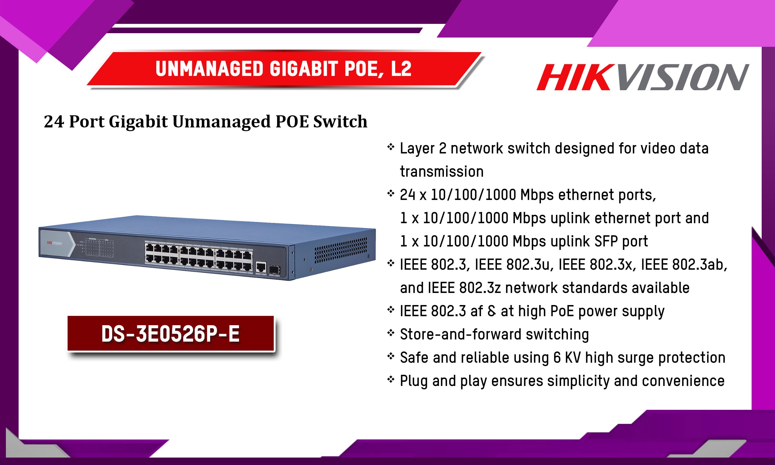 DS-3E0526P-E Unmanaged Gigabit POE, L2 Hikvision Camera.lk Colombo Sri Lanka