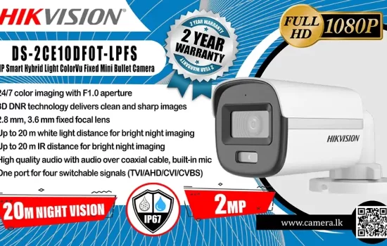DS-2CE10DF0T-LPFS - Hikvision 2MP Smart Hybrid Light ColorVu Fixed Mini Bullet Camera Camera.lk Colombo Srilanka