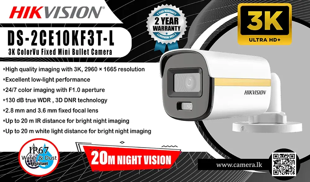 DS-2CE10KF3T-L - Hikvision 3K ColorVu Fixed Mini Bullet Camera Camera.lk Colombo Srilanka