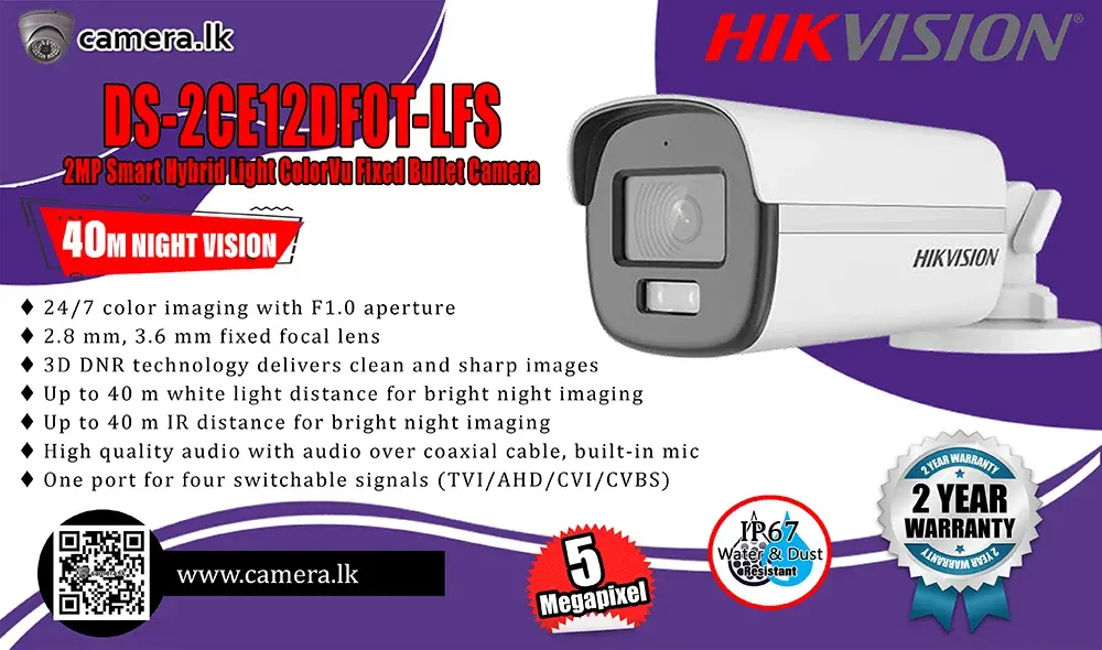 DS-2CE12DF0T-LFS - Hikvision 2MP Smart Hybrid Light ColorVu Fixed Bullet Camera Camera.lk Colombo Srilanka