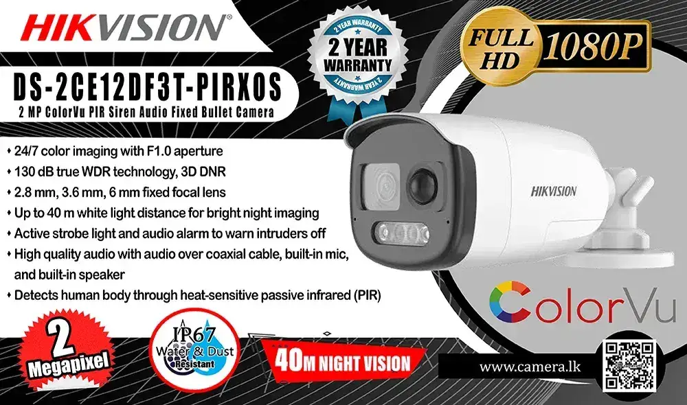 DS-2CE12DF3T-PIRXOS - Hikvision 2MP ColorVu PIR Siren Audio Fixed Bullet Camera Camera.lk Colombo Srilanka