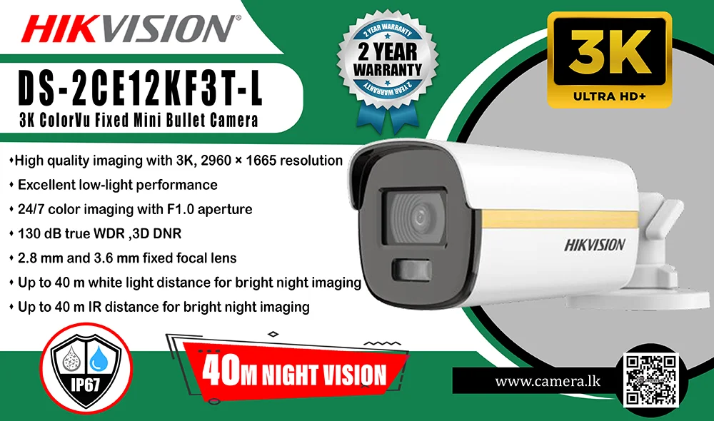 DS-2CE12KF3T-L - Hikvision 3K ColorVu Fixed Mini Bullet Camera Camera.lk Colombo Srilanka