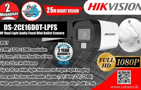 DS-2CE16D0T-LPFS - Hikvision 2MP Dual Light Audio Fixed Mini Bullet Camera Camera.lk Colombo Srilanka