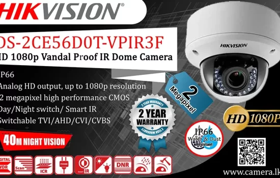 DS-2CE56D0T-VPIR3F - Hikvision 2M Vandal Proof 1080p HD IR Dome Camera Camera.lk Colombo Srilanka