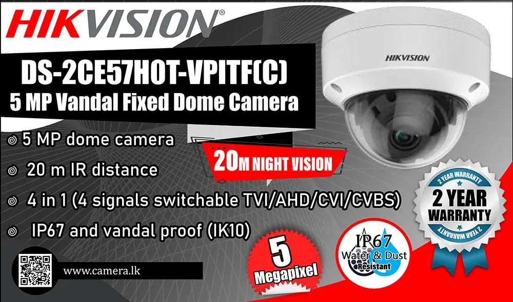 DS-2CE57H0T-VPITF(C) - Hikvision 5MP Vandal Fixed Dome Camera Camera.lk Colombo Srilanka