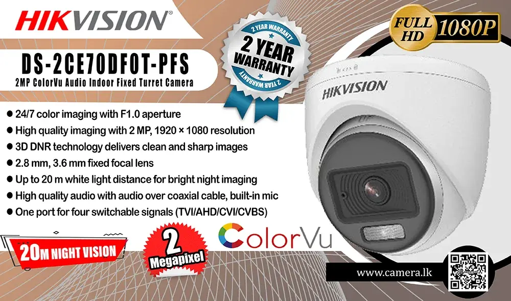 DS-2CE70DF0T-PFS - Hikvision 2MP ColorVu Audio Indoor Fixed Turret Camera Camera.lk Colombo Srilanka