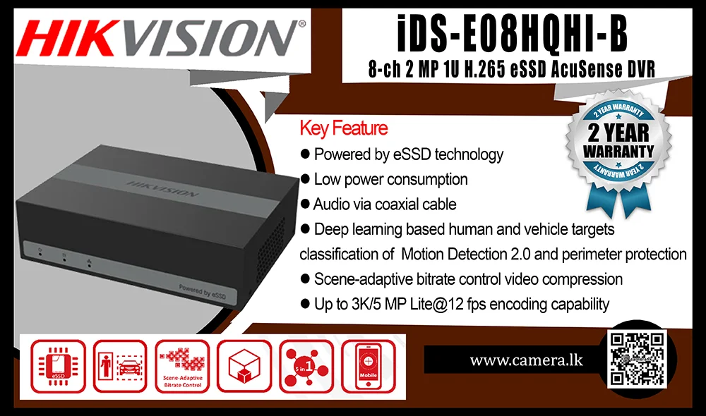 iDS-E08HQHI-B - Hikvision 8-ch 2MP 1U H.265 eSSD AcuSense DVR Camera.lk Colombo Srilanka