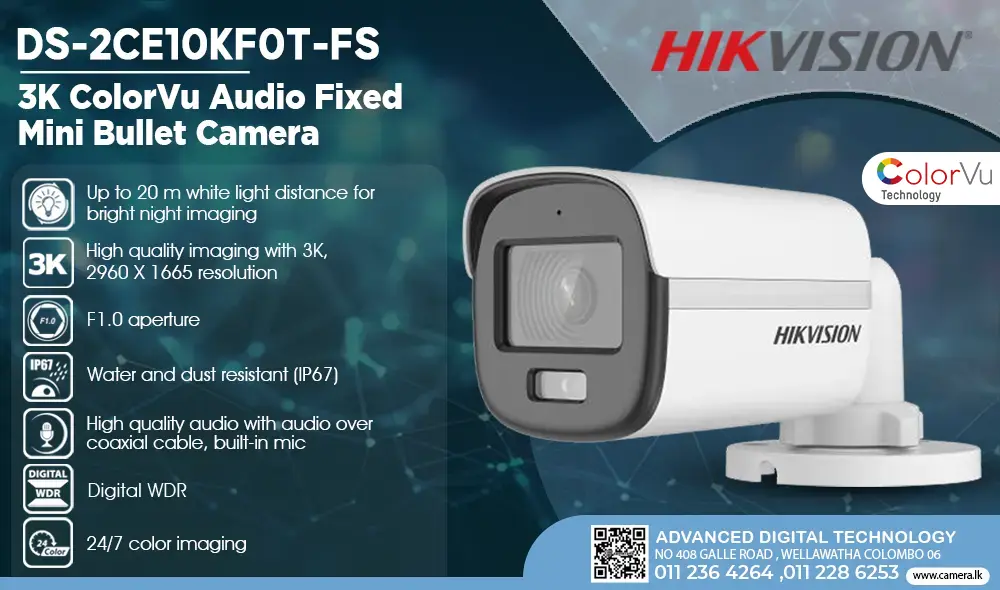 DS-2CE10KF0T-FS - Hikvision 3K ColorVu Audio Fixed Mini Bullet Camera Camera.lk Srilanka