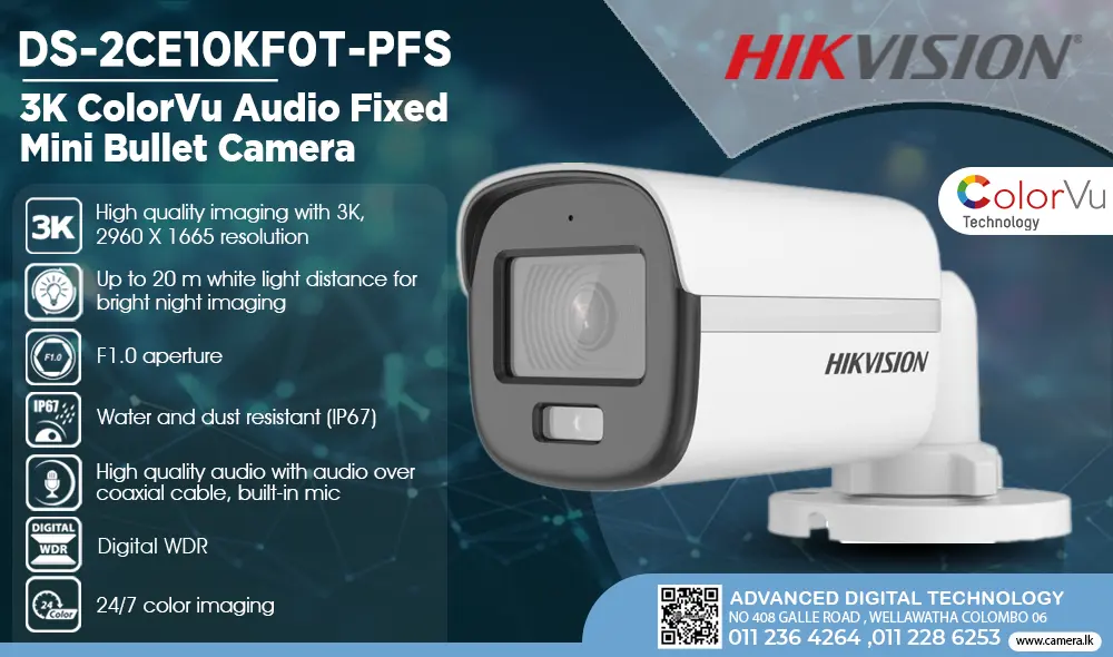 DS-2CE10KF0T-PFS - Hikvision 3K ColorVu Audio Fixed Mini Bullet Camera Camera.lk Srilanka