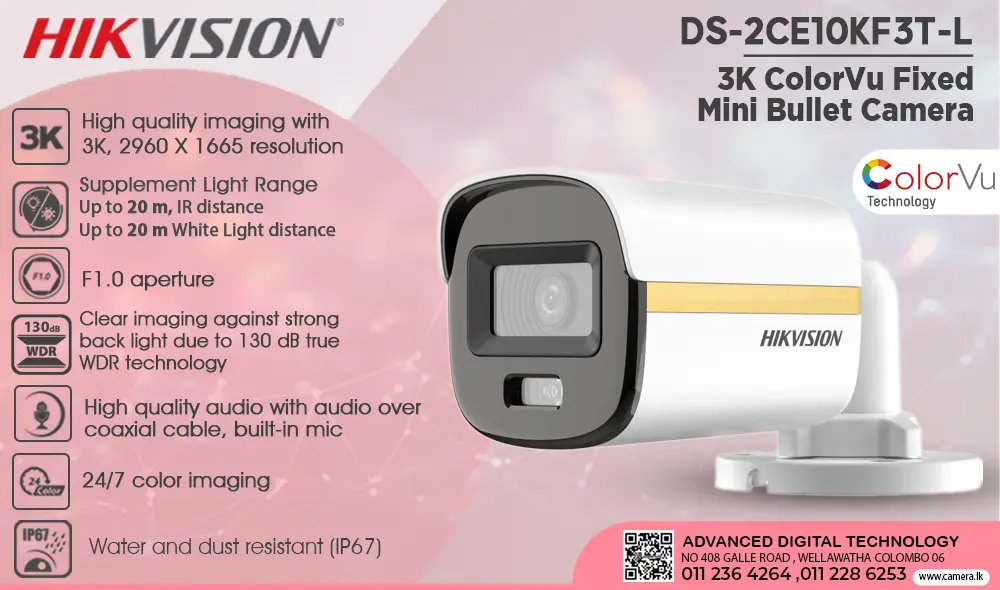 DS-2CE10KF3T-L - Hikvision 3K ColorVu Fixed Mini Bullet Camera Camera.lk Srilanka