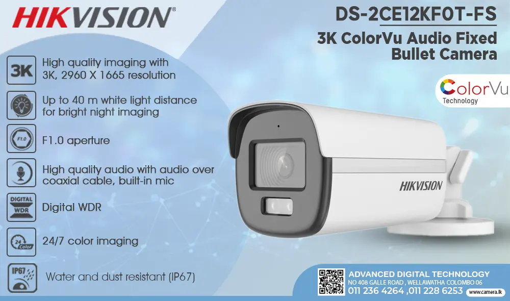 DS-2CE12KF0T-FS - Hikvision 3K ColorVu Audio Fixed Bullet Camera Camera.lk Srilanka